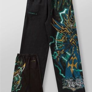 Black Graphic Sweatpants with Blue and Gold Design